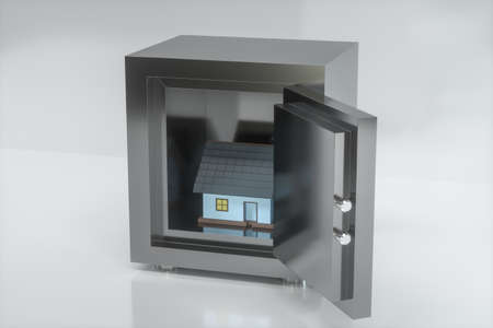 The small house model in the safe box, 3d rendering. Computer digital drawing.の写真素材