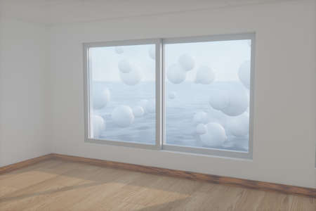 Spheres floating on the sea,empty room,abstract conception,3d rendering. Computer digital drawing.
