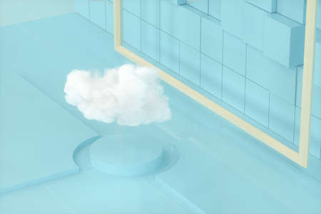 Cartoon clouds and cartoon cubes,geometry room,3d rendering. Computer digital drawing.
