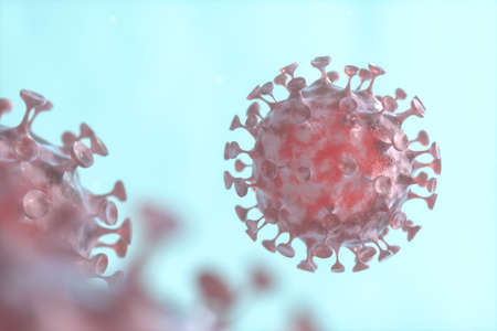 Dispersed corona viruses with blue liquid background, 3d rendering. Computer digital drawing.
