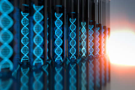 Test tube and chromosomes, DNA and genes,3d rendering. Computer digital drawing.
