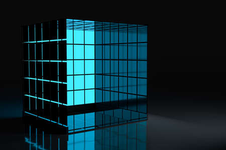Neon glass cube on dark background, 3d rendering.の写真素材