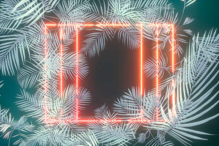 Plants and neon with dark background,3d rendering. Computer digital drawing.の写真素材
