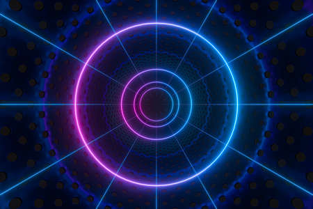 Neon and tunnels, mechanical concepts, 3d rendering. Computer digital drawing.