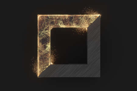 Golden abstract lines and crystals with black background, 3d rendering. Computer digital drawing.の写真素材