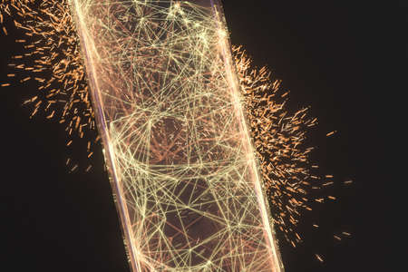 Golden abstract lines and crystals with black background, 3d rendering. Computer digital drawing.