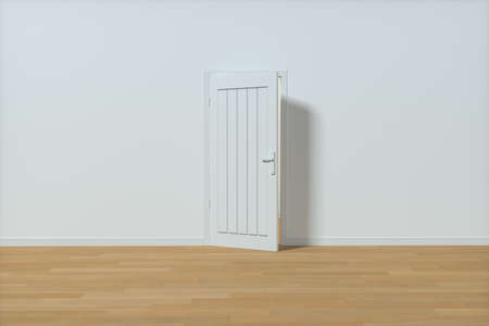 Wooden door with white wall background, 3d rendering. Computer digital drawing.