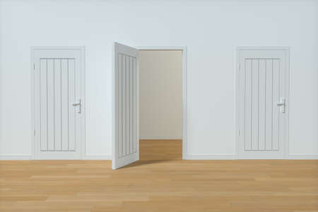 Wooden door with white wall background, 3d rendering. Computer digital drawing.