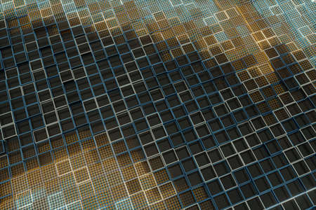 Glowing cubes block, glass material, 3d rendering. Computer digital drawing.