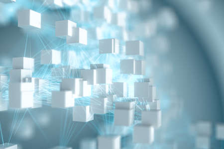 Abstract white cubes with blue glowing lines, 3d rendering. Computer digital drawing.の写真素材