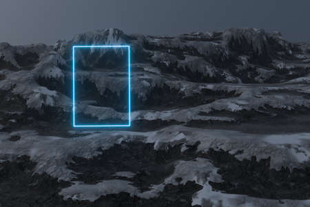 Snow mountain landscape with glowing lines, 3d rendering. Computer digital drawing.の写真素材