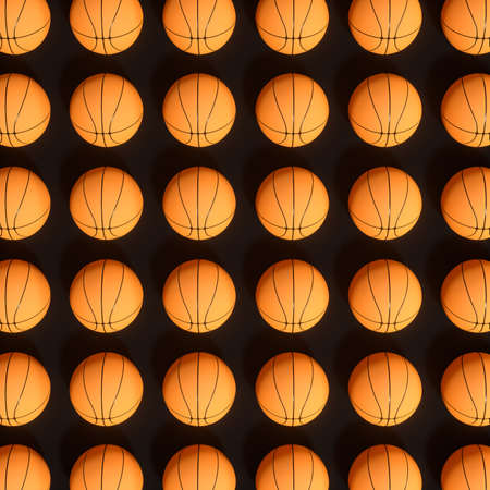 Repeating sports ball pattern with black background, 3d rendering. Computer digital drawing.の写真素材