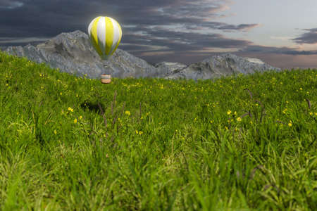 Flying hot-air balloon over the grass field, 3d rendering. Computer digital drawing.の写真素材