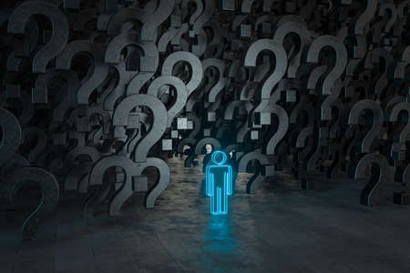 Glowing question marks with dark background, 3d rendering. Computer digital drawing.の写真素材