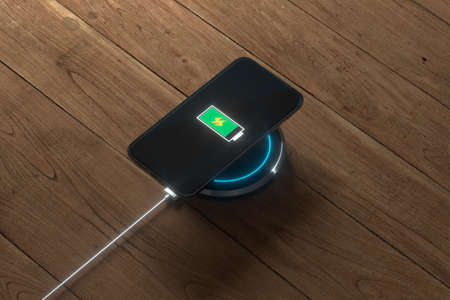 The charging mobile phone with wireless charger, 3d rendering. Computer digital drawing.