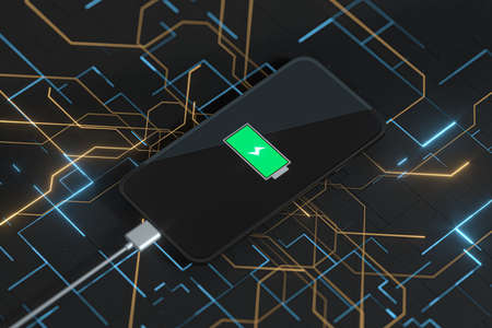 The charging mobile phone with circuit background, 3d rendering. Computer digital drawing.の写真素材