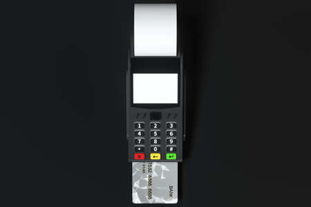 Swiping the POS machine, black background, 3d rendering. Computer digital drawing.