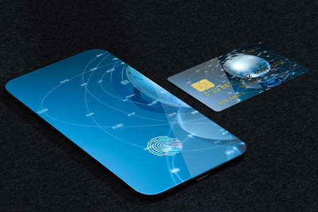Bank cards and mobile phone with fingerprint identification, 3d rendering. Computer digital drawing.