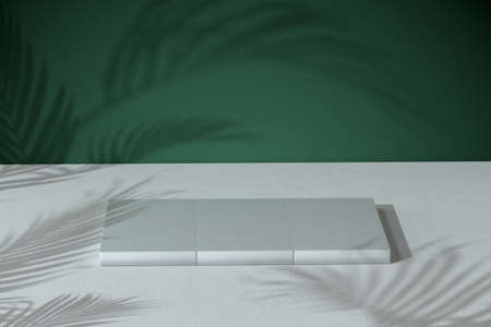 Cube object stand with green wall, 3d rendering. Computer digital drawing.の写真素材