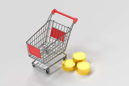 Shopping cart with golden coins, 3d rendering. Computer digital drawing.の写真素材