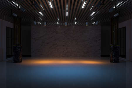 The empty showroom with glowing lights, 3d rendering. Computer digital drawing.
