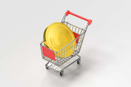 Shopping cart with golden coins, 3d rendering. Computer digital drawing.の写真素材