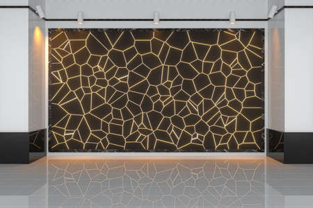 Golden crack wall in the large showroom, 3d rendering. Computer digital drawing.