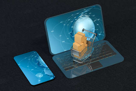 Shopping cart, mobile phone and laptop, 3d rendering. Computer digital drawing.