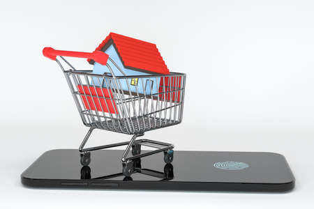 Shopping cart with red house in it, purchase house concept, 3d rendering. Computer digital drawing.の写真素材