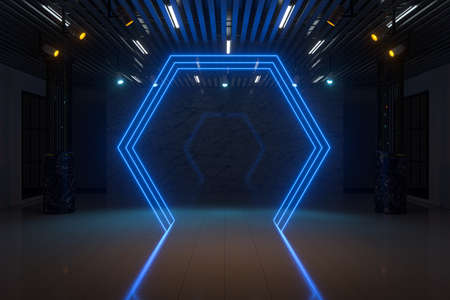 Glowing neon lights in the dark showroom, 3d rendering. Computer digital drawing.