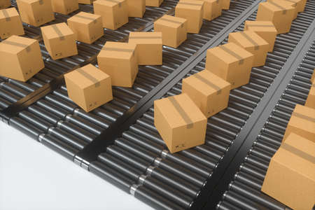 Transportation of the container box on the conveyer belt, 3d rendering. Computer digital drawing.