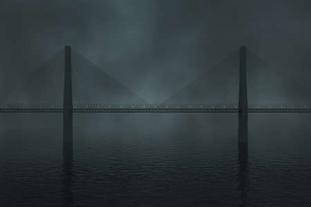 The suspension bridge over the lake at night, 3d rendering. Computer digital drawing.の写真素材