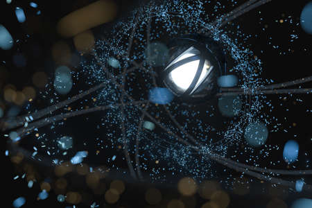 Glowing sphere with mechanical construction, 3d rendering. Computer digital drawing.