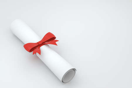 Diploma, paper scroll with red ribbon isolated on white background, 3d rendering. Computer digital drawing.の写真素材