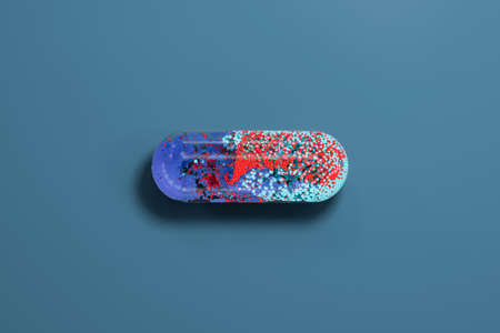 Capsule with particles inside with blue background, 3d rendering. Computer digital drawing.の写真素材