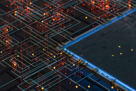 Circuit with glowing lines with dark background, 3d rendering. Computer digtial drawing.