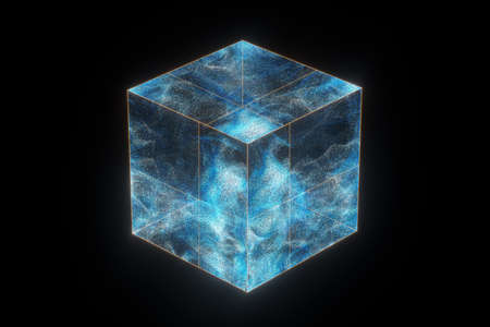 Glass cube with glowing particles inside, 3d rendering. Computer digital drawing.