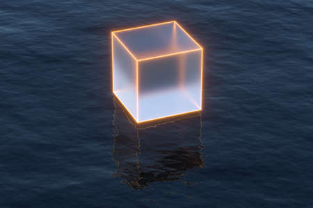 Floating transparent cubes over the ocean, 3d rendering. Computer digital drawing.の写真素材