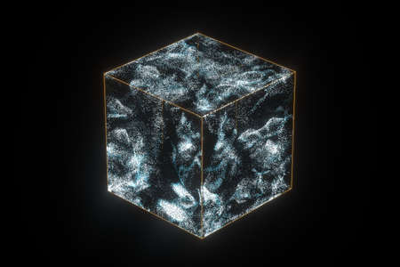 Glass cube with glowing particles inside, 3d rendering. Computer digital drawing.の写真素材