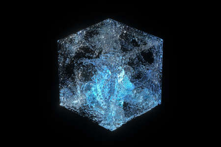 Glass cube with glowing particles inside, 3d rendering. Computer digital drawing.の写真素材