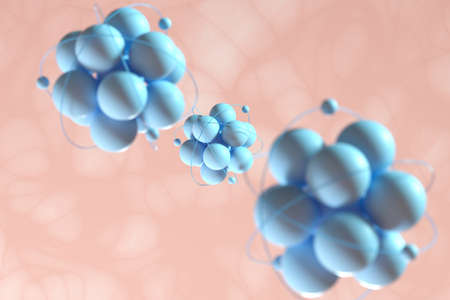 Atom spheres with pink organic background, 3d rendering. Computer digital drawing.