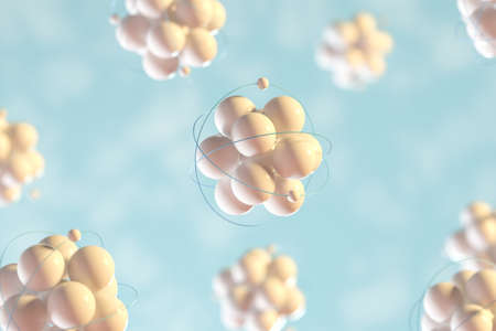 Atom spheres with cyan organic background, 3d rendering. Computer digital drawing.