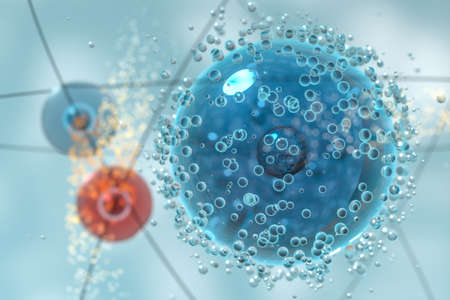 Atom spheres with blue organic background, 3d rendering. Computer digital drawing.