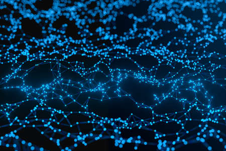 Glowing blue lines, with particles connected, 3d rendering. Computer digital drawing.