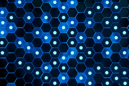 Glowing hexagonal cubes background, hi-tech cyberspace, 3d rendering. Computer digital drawing.