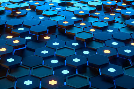 Glowing hexagonal cubes background, hi-tech cyberspace, 3d rendering. Computer digital drawing.の写真素材