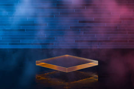 Glowing geometric shape with brick background, 3d rendering. Computer digital drawing.