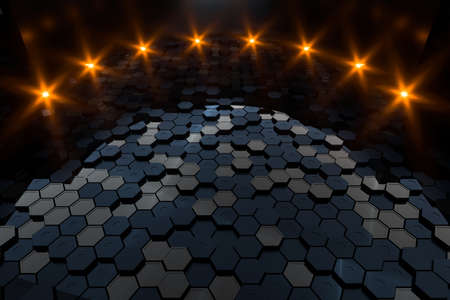 Hexagon floor with glowing spot lights, 3d rendering. Computer digital drawing.の写真素材