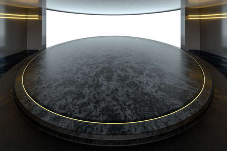 Empty room with round stage in the center, 3d rendering. Computer digital drawing.