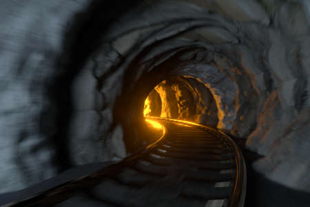 The rail tunnel with light illuminated in the end, 3d rendering. Computer digital drawing.の写真素材